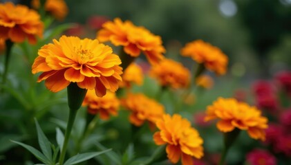 Fototapeta premium Marigold flowers in a garden bed with other flowers, flora, flower