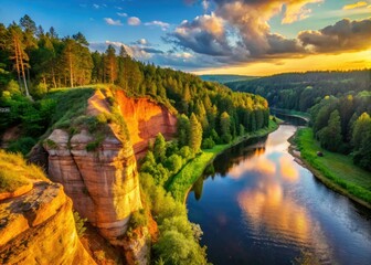 Naklejka premium Zvartes Rock: Latvia's breathtaking Devonian sandstone, dramatically rising above the Amata River in Gauja National Park.