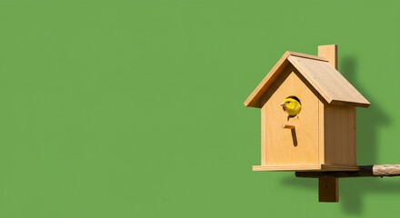 Yellow bird in wooden birdhouse against vibrant green background