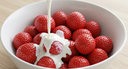 Fresh strawberries in bowl with cream pouring for a delicious snack
