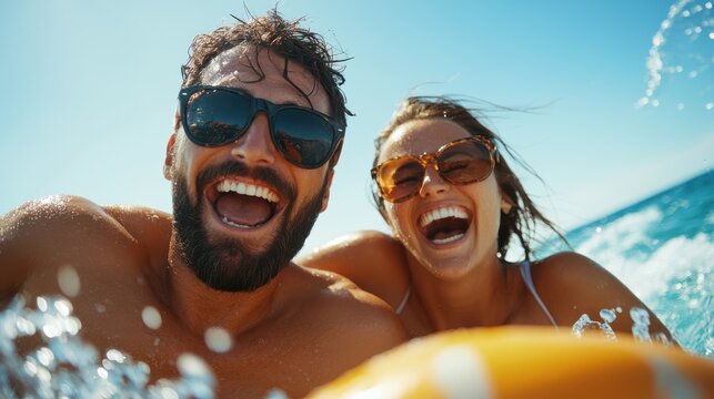 Cheerful couple enjoys fun piggyback ride at the beach on a sunny day