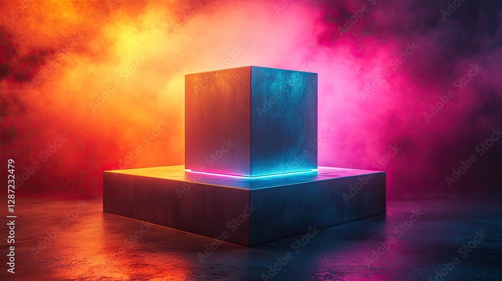 Aufkleber a simple cube sitting on a larger lit up box