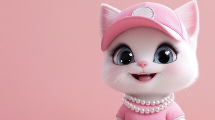 Fototapeta premium Cute kitten, pink hat, pearl necklace, smiling, studio, pastel background, children's app