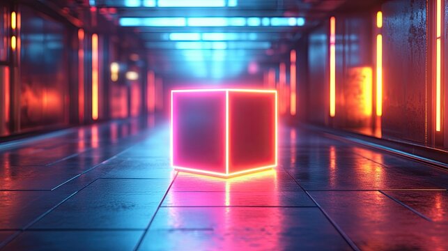 Glowing cube sits in the middle of futuristic neon lit hallway