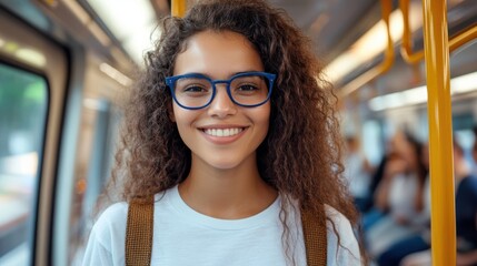 Brazilian young woman in white t-shirt and blue glasses in Sao Paulo subway