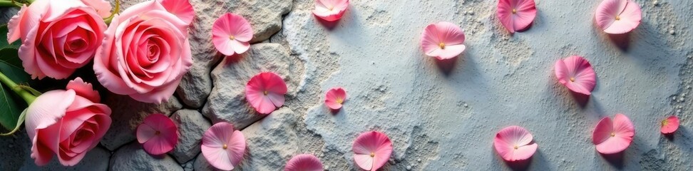 Soft pink blush roses scattered on a rough stone background, blush, stones