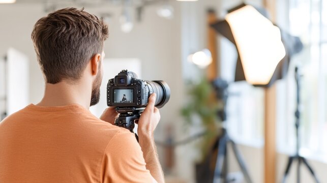 Freelance photographer capturing creative moments in a bright studio