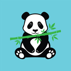 Obraz premium A cute panda bear holding a bamboo branch on a blue background