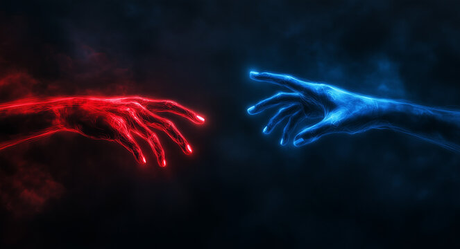 Abstract Glowing Hands Reaching Across Dark Nebula Red and Blue Energy Digital Art