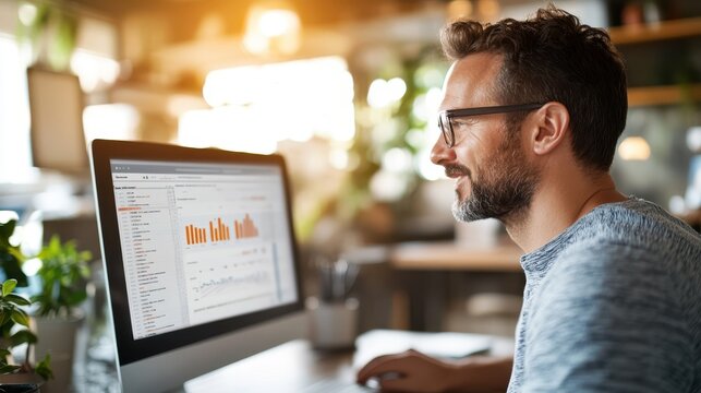 Marketing manager reviews social media analytics in creative workspace - Powered by Adobe