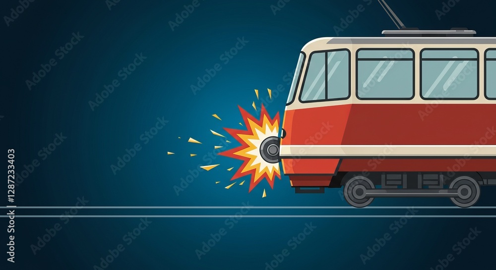 Poster cartoon tram collision with spark and explosion on dark background