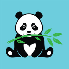 Panda bear eating bamboo branch on blue background