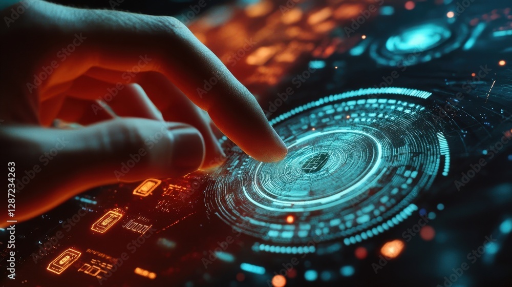 Poster hand interacting with a futuristic, glowing control panel, activating a digital lock while emphasizi