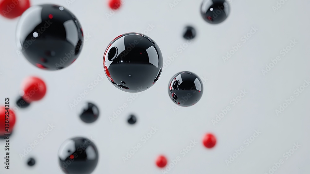 Poster abstract composition of floating black and red spheres in space