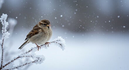 Tiny sparrow on frost-covered twig - Vulnerability in nature - Winter nature photography