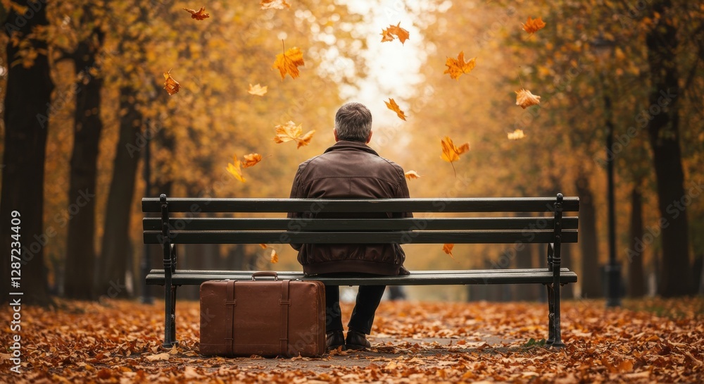 Poster solitude in autumn: man on bench with falling leaves in serene park setting