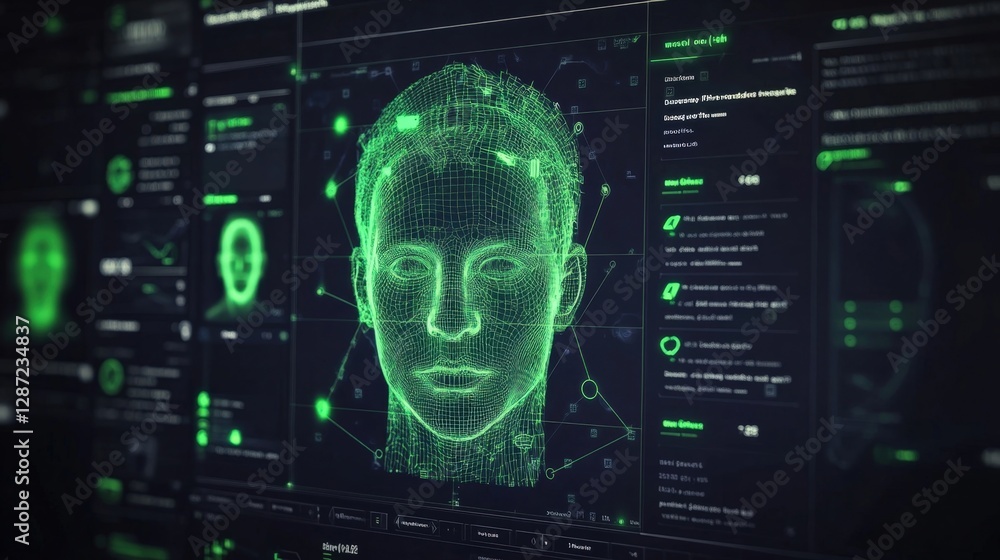 Poster futuristic biometric facial recognition system is scanning and analyzing a 3d head model, displaying