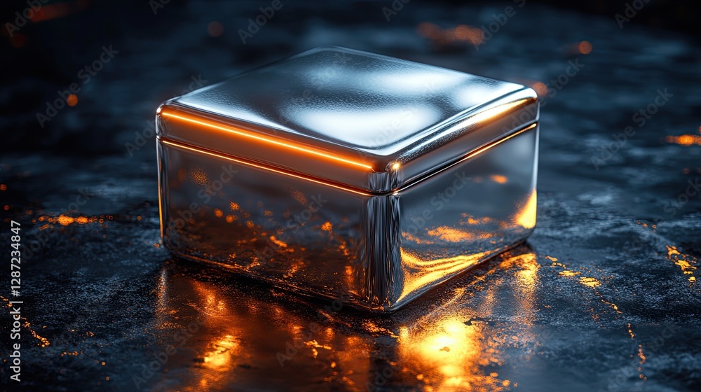 Poster a shiny metallic cube resting on a dark textured surface