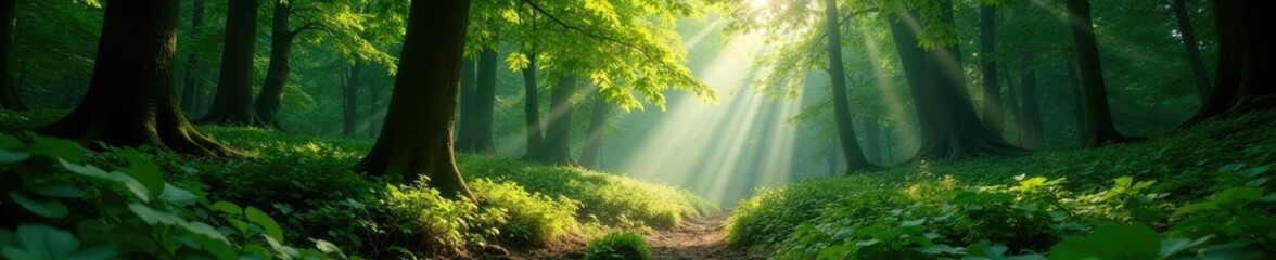 Obraz premium Dense foliage filters sunlight, casting dappled shadows, forest floor, shade, dense foliage