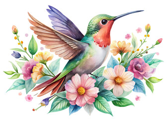 Obraz premium a cute hummingbird floral illustration watercolor isolated with white background