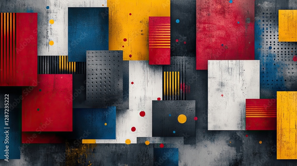 Poster abstract geometric composition featuring rectangles and dots on textured backgrounds