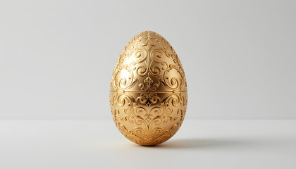 Elegant gold decorative egg featuring detailed ornamental patterns, symbolizing luxury and sophistication on a clean bright background.