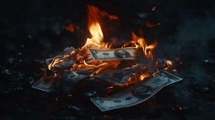 Burning Money US Dollar Bills in Fiery Inferno Financial Crisis Concept