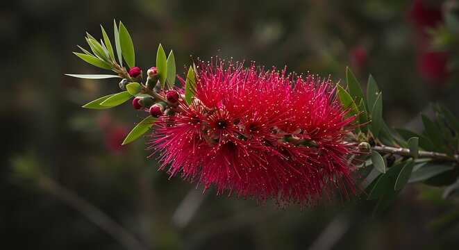 Vibrant crimson Bottlebrush flower - represents resilience and beauty - botanical wallpaper
