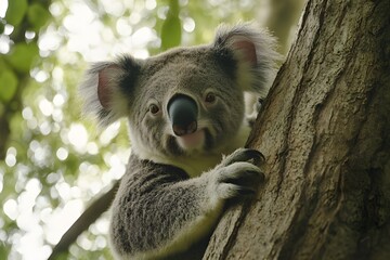 Obraz premium Koala with black round nose and big ears, natural charm of exotic animals calm with a tight hug on a tree trunk giving an impression of tranquility in the beauty of nature