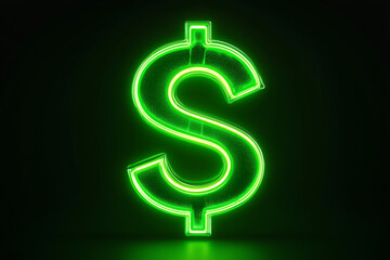 Glowing green neon sign of a dollar symbol, isolated on a black background