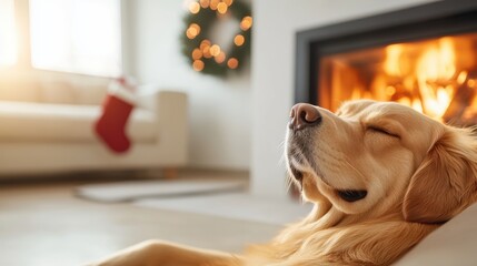 Cozy winter evening by the fireplace with a sleeping dog and holiday cheer