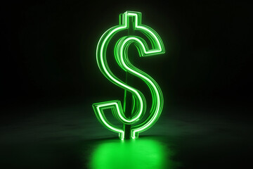 Glowing green neon sign of a dollar symbol, isolated on a black background