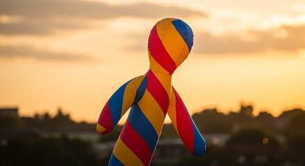 Vibrant inflatable man against golden sky - celebrating fun - outdoor advertising