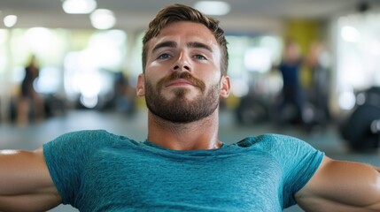 Muscular athlete performing sit-ups in a spacious gym environment