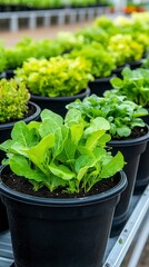 Discover vibrant greenery in a potted paradise An array of lush lettuce, fresh garden greens, and vibrant vegetable plants flourishing in black pots, cultivated in a thriving greenhouse environment