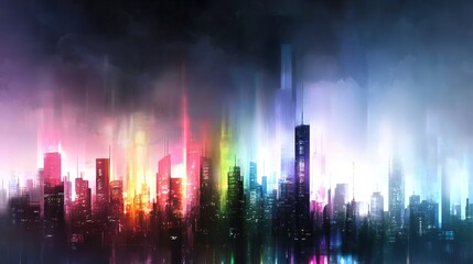 Vibrant Cityscape at Night with Colorful Light Reflections