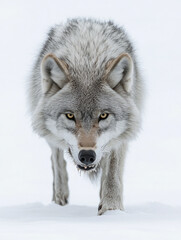 Obraz premium Walking angry grey wolf isolated on a white background.