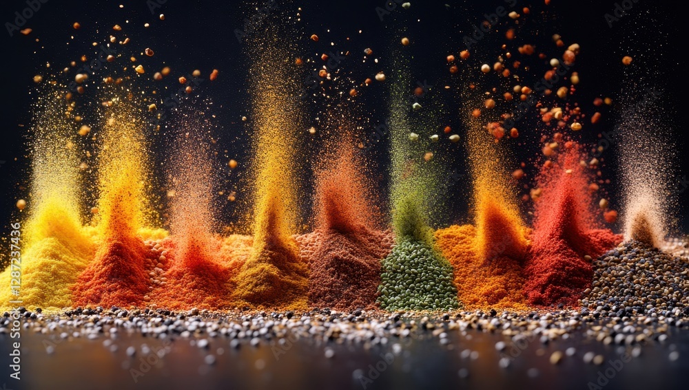 Poster vibrant array of colorful spices and seasonings in dusty clouds against a dark background, capturing