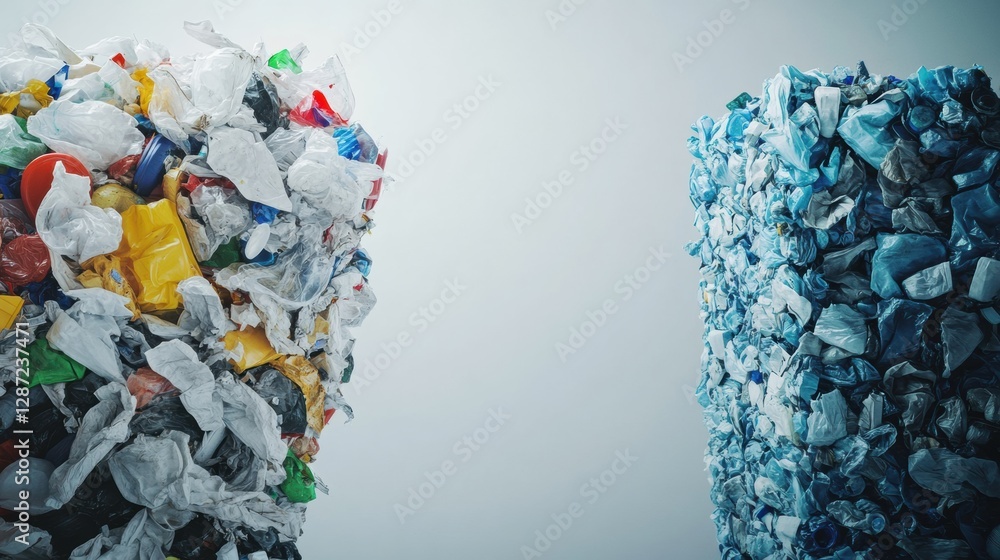 Poster Plastic waste piles up on the left while neatly stacked recycled products appear on the right demonstrating recycling efforts. Generative AI