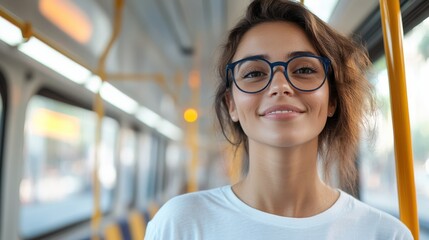 Young woman with blue glasses enjoying life on a Sao Paulo subway