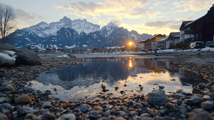 Fototapeta premium Sunset alpine village reflection, snowy mountains