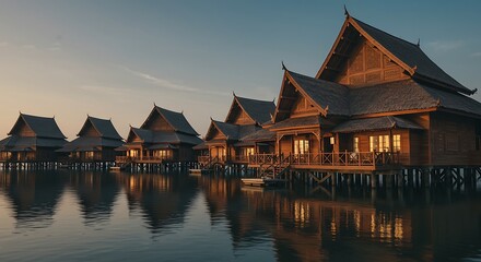 Wooden stilt houses mirroring on the water - serene escape - travel photography