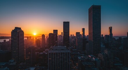 Fototapeta premium Stunning urban sunset over high-rise cityscape skyline