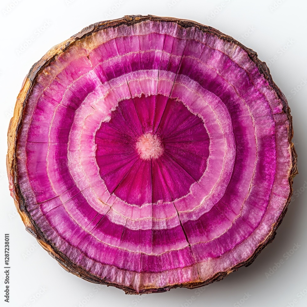 Poster vibrant cross-section of a purple onion showcasing intricate layers and textures on a plain backgrou