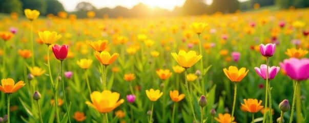 A colorful field of yellow and pink wildflowers in full bloom, botanical, buttercup, wildflower field