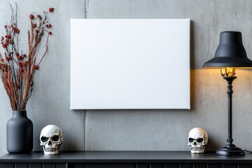 Elevate Your Space with Spooky Elegance A Blank Canvas Ready to Showcase Your Art or Photo, Surrounded by Chic Halloween Decor Imagine the Possibilities A Gothic Lamp Casts a Warm Glow on Skulls and