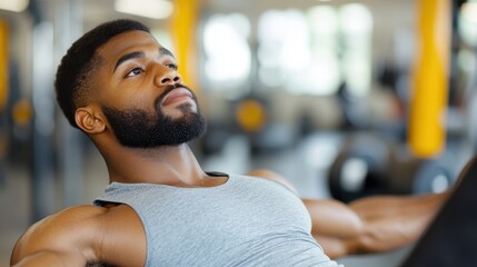 Muscular athlete performs sit-ups in a bright gym environment