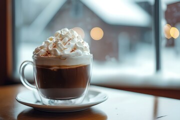 A Glass of Rich Hot Chocolate Topped with Whipped Cream, Set Against a Snowy Backdrop