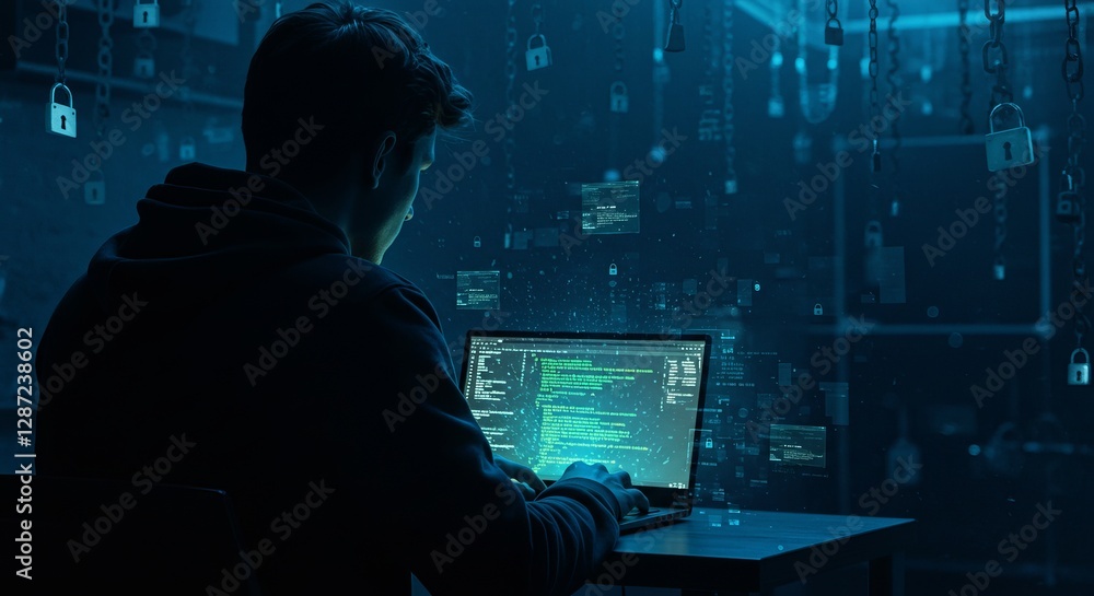 Poster silhouette of hacker typing on laptop in dark room with digital security icons