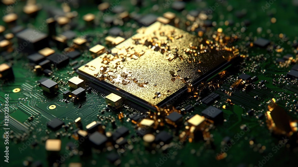 Poster close-up of a golden microchip on a circuit board with sparkles